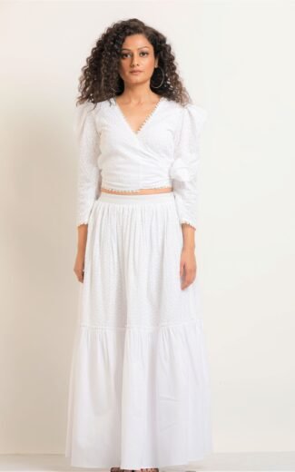 white cord set skirt and top
