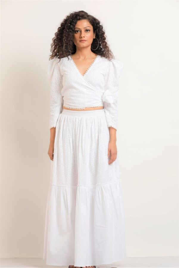 white cord set skirt and top