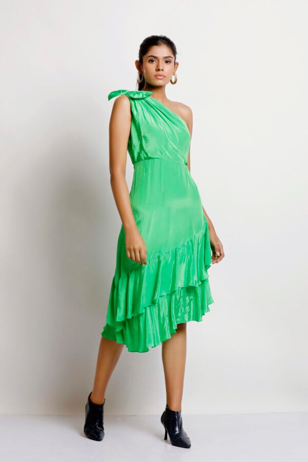 GREEN ONE SHOULDER DRESS WITH BOW