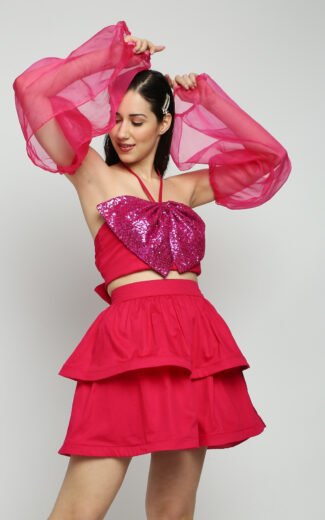 HOT PINK LAYERED SHORT SKIRT AND BOW TOP CO ORD SET