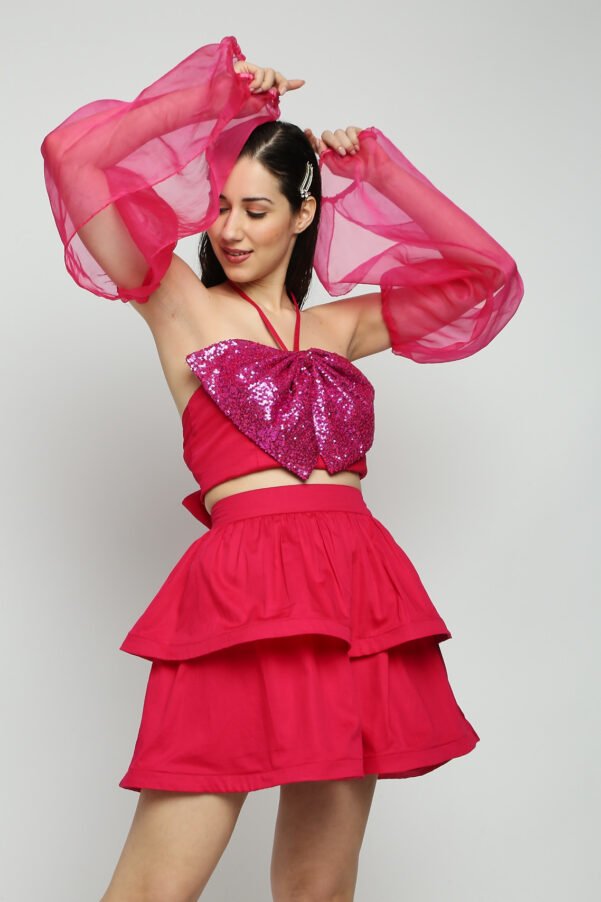 HOT PINK LAYERED SHORT SKIRT AND BOW TOP CO ORD SET